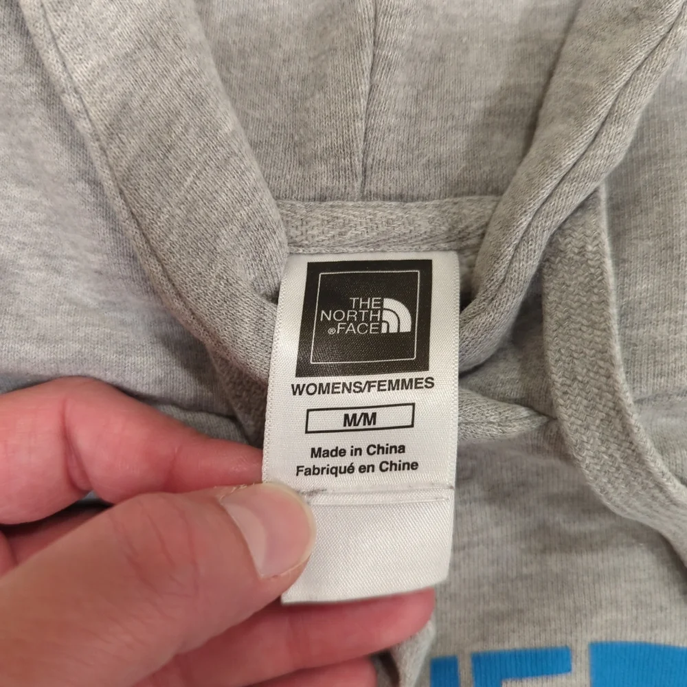 The North Face Heather Grey Hoodie Blue Logo - Women's Size Medium Classic Basic